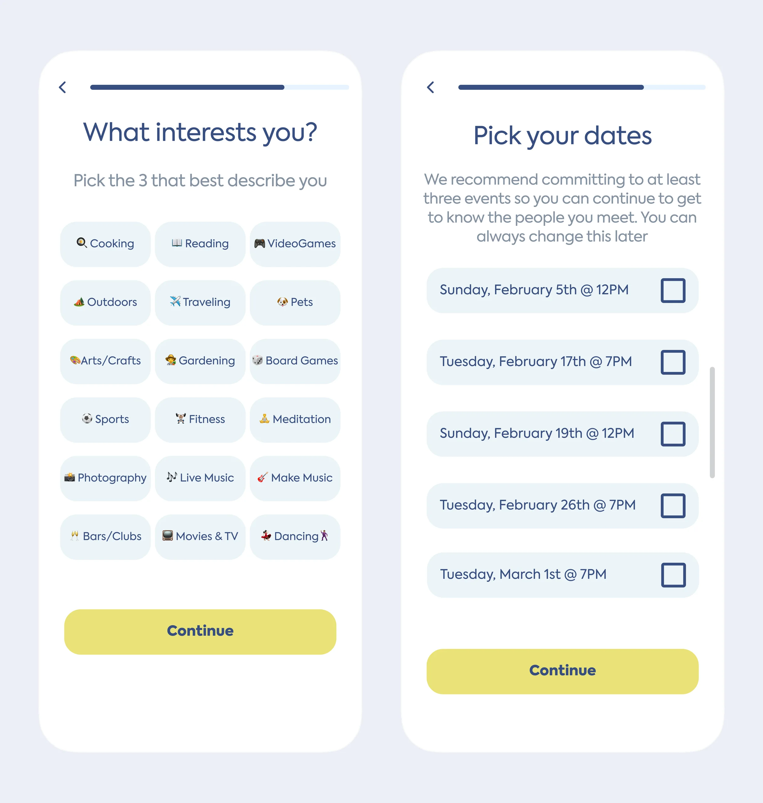 Interests and pick your dates screens
