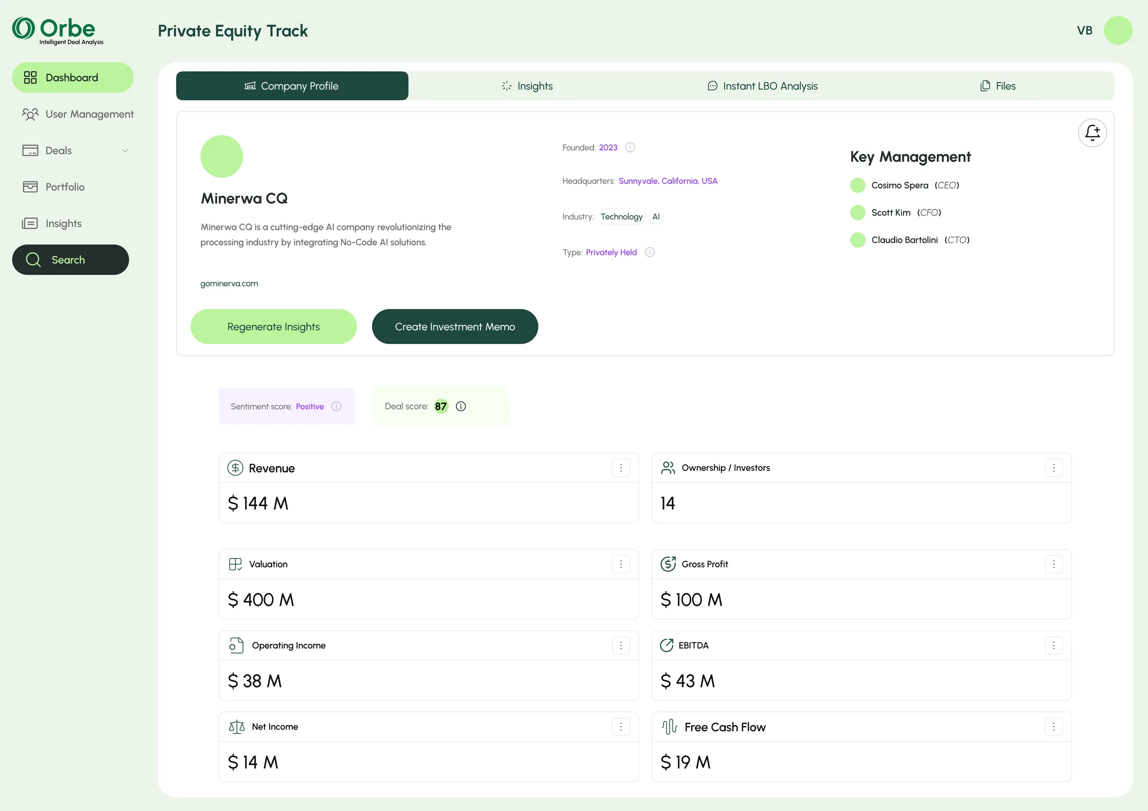 Private Equity Track company profile for Minerva CQ with key management, sentiment, deal score and financial metric cards
