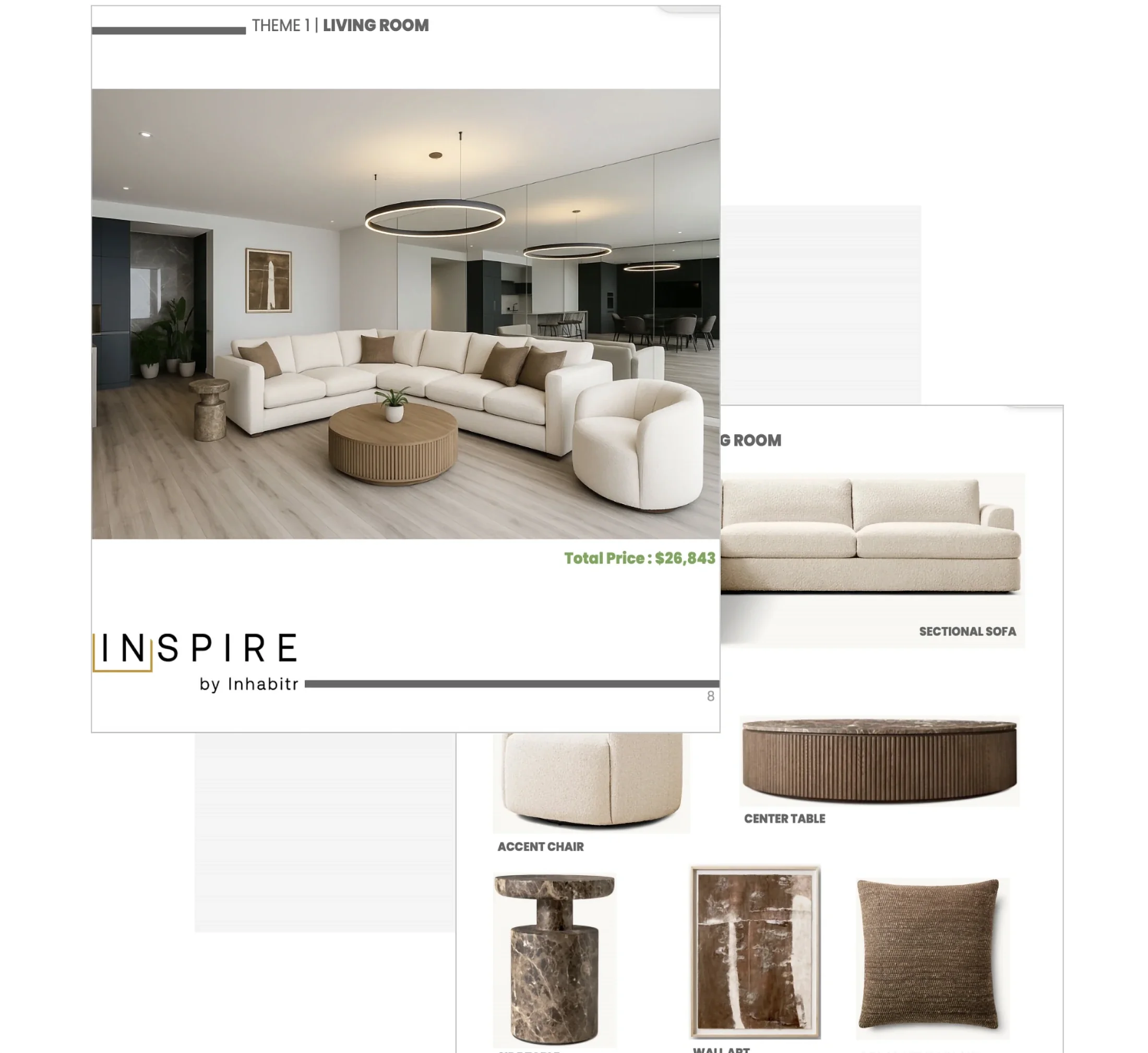 A spec-ready client deck generated by Inspire V1: rendered living room with total price, and the matching product page