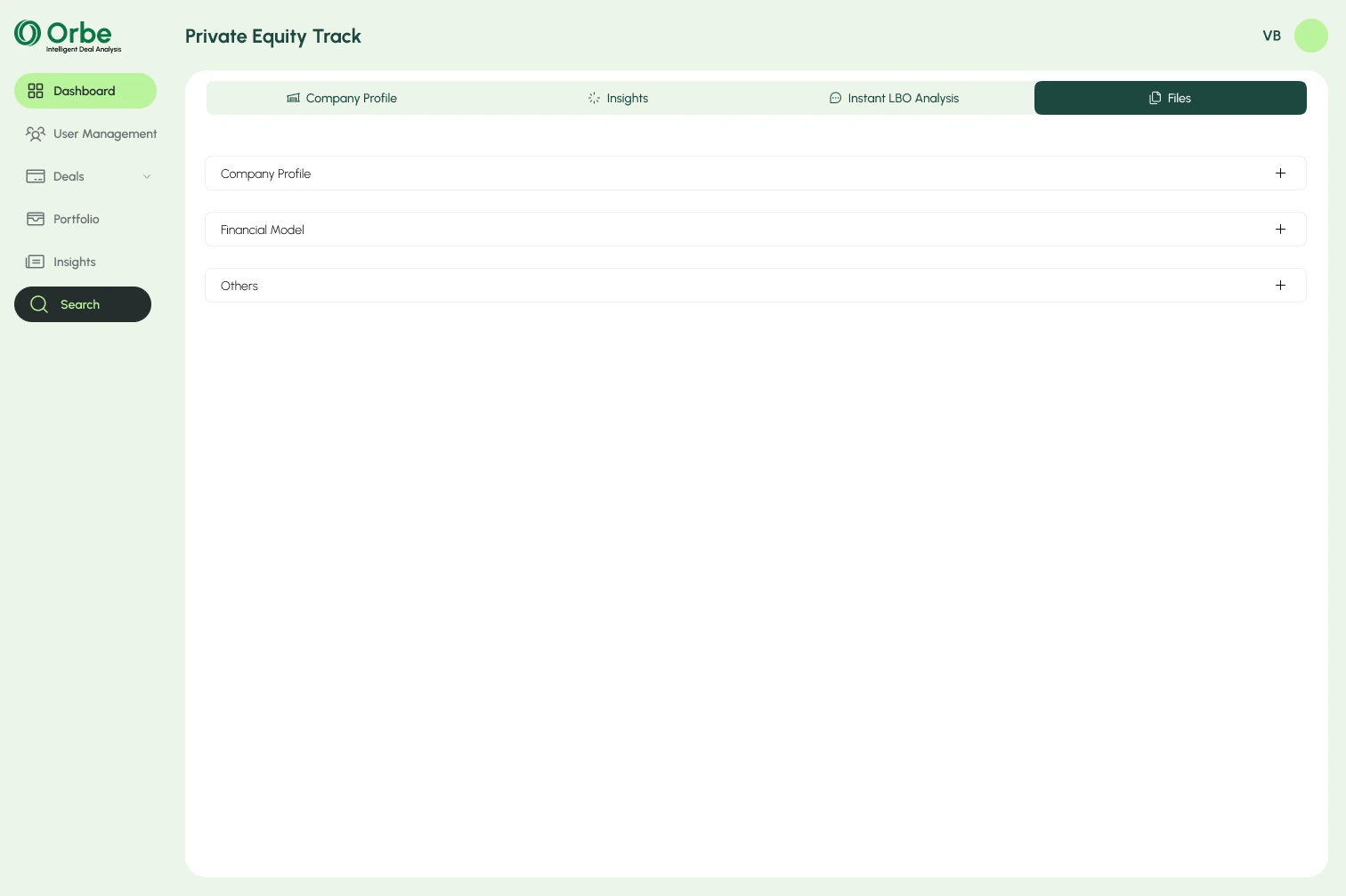 Files tab with collapsible Company Profile, Financial Model and Others sections