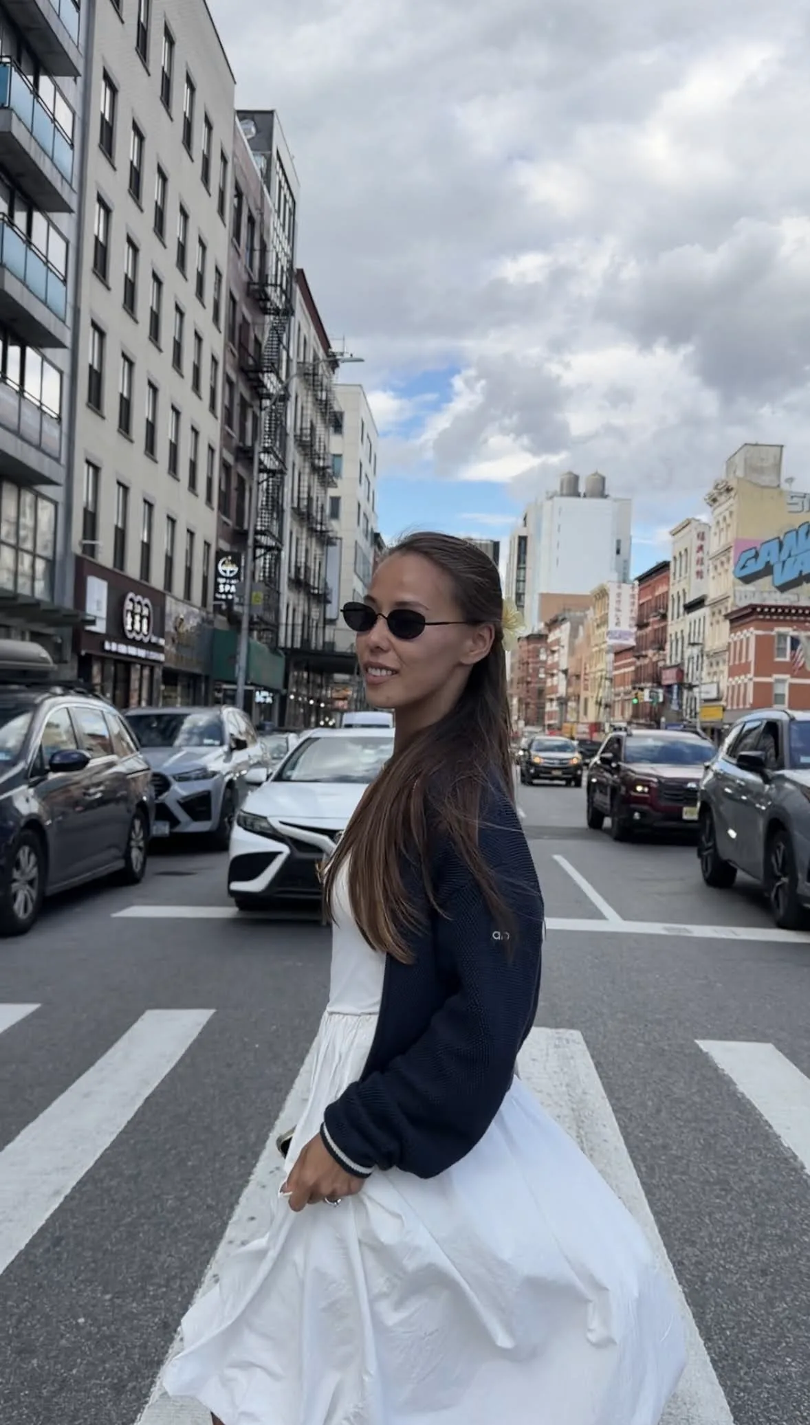Veronika crossing a street in New York