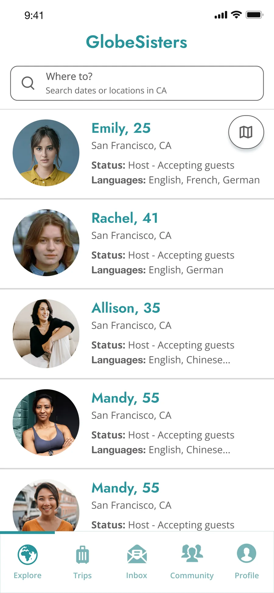 List view of hosts with age, city, availability and languages