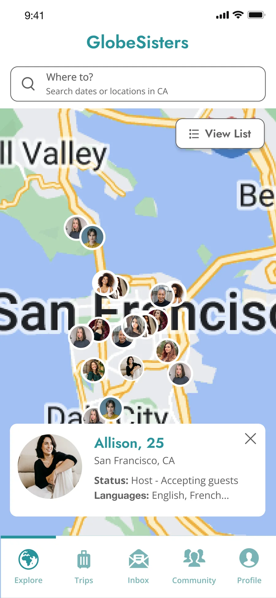 Map with a Profile Preview card for Allison: accepting guests, speaks English and French