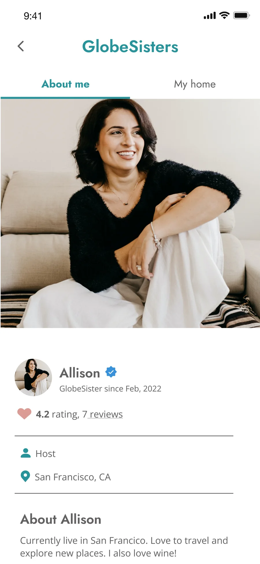 Host profile for Allison with verified badge, member since 2022, 4.2 rating and Chat and Request to Stay buttons