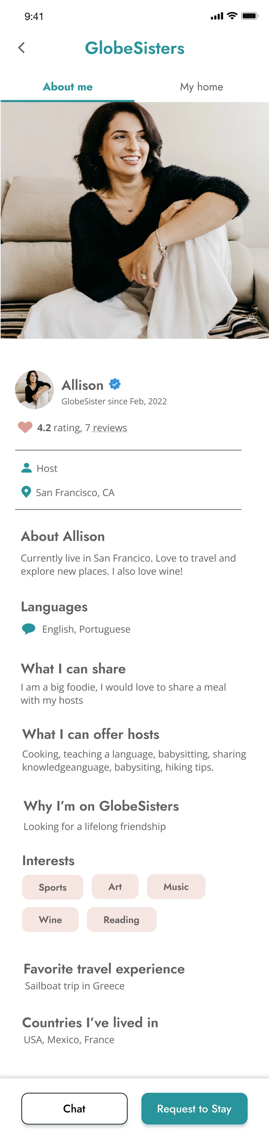 Full host profile, About me tab: verified badge, rating, languages, interests
