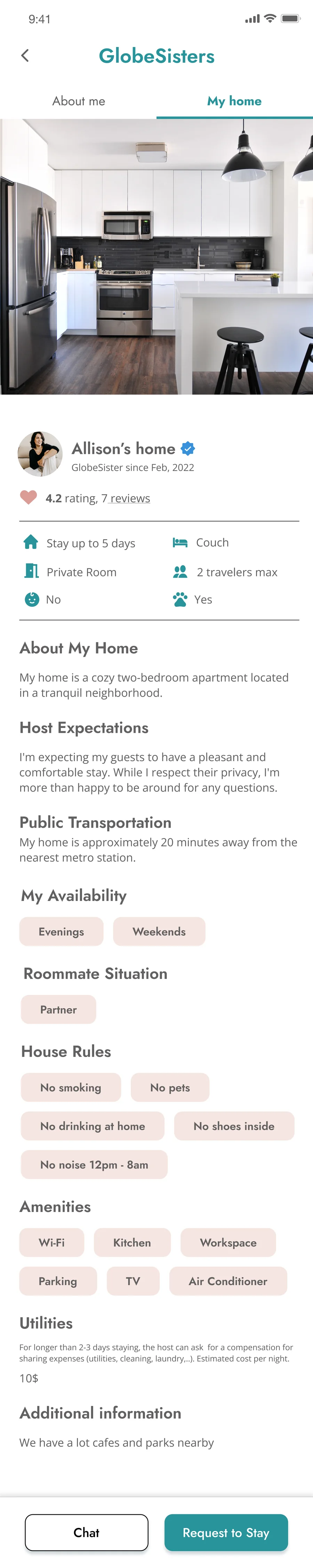 Full host profile, My home tab: stay length, room type, house rules, amenities