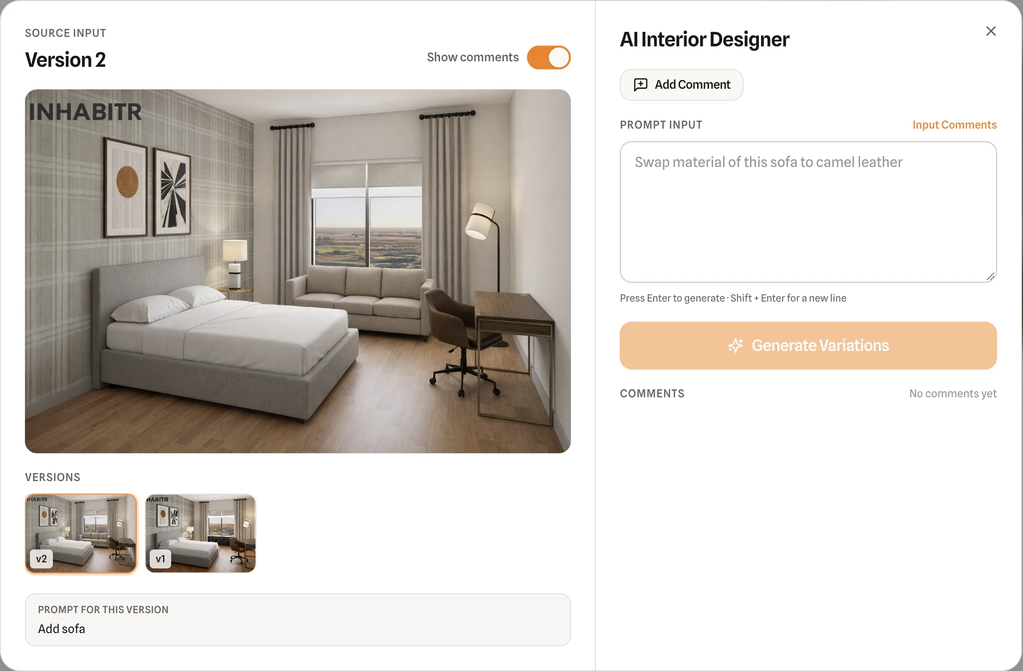 AI Interior Designer: version 2 of a guestroom rendering generated from the prompt Add sofa, with version history and a prompt box for the next change