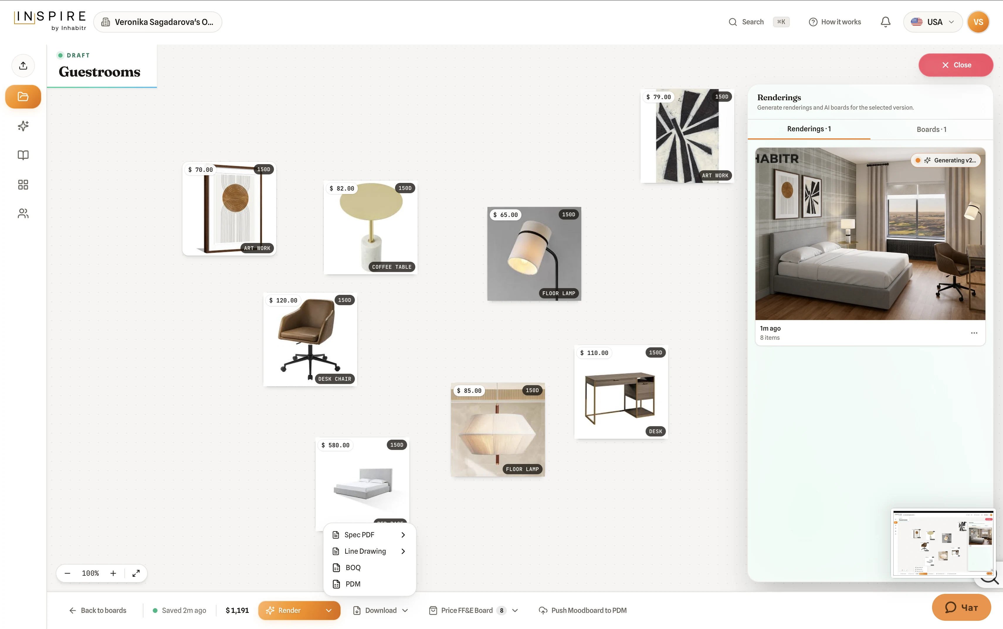 Inspire V2 FF&E board: priced products with 150-day lead times on a canvas, an AI room rendering generating in the side panel, and export options