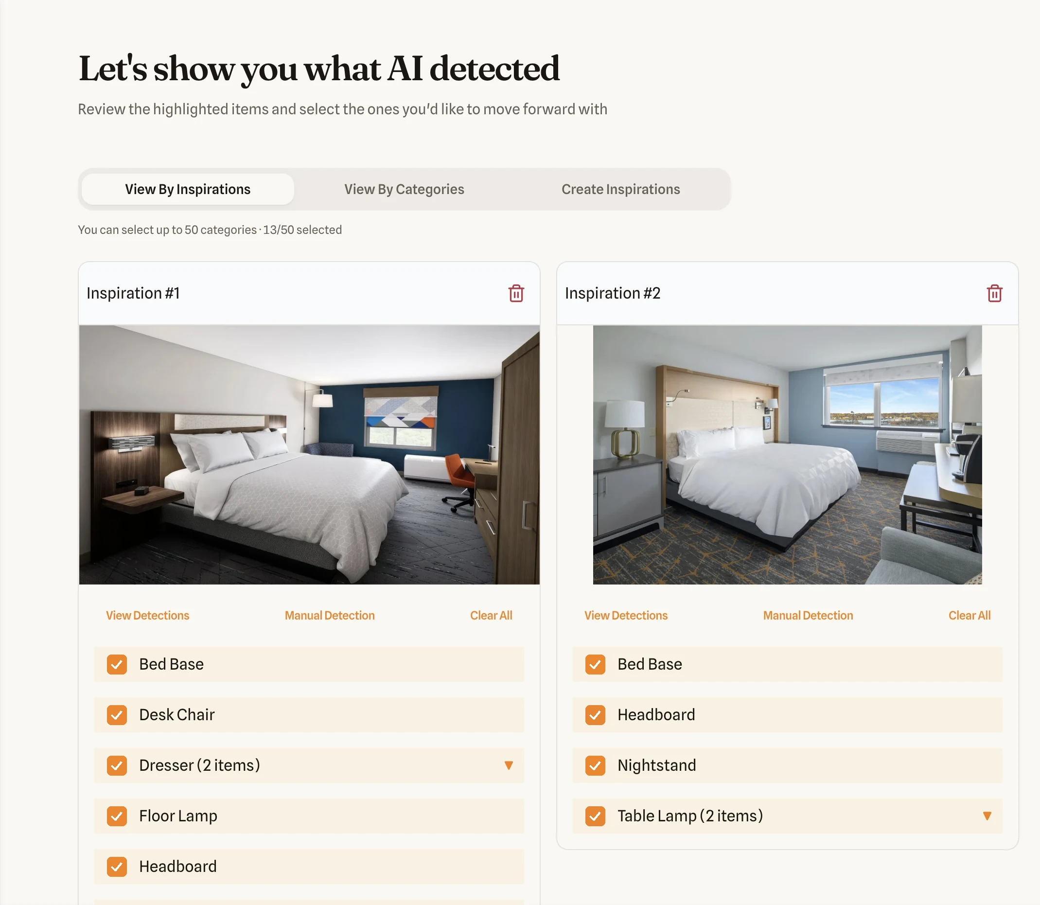 Detection review: two hotel bedroom inspirations with AI-detected items like bed base, desk chair, dresser and headboard, each with a checkbox, plus View Detections and Manual Detection
