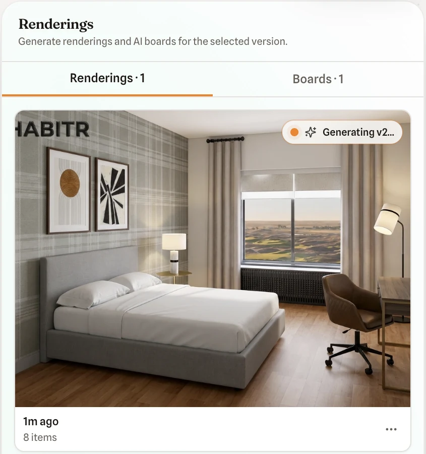 Renderings panel showing a new version generating in the background while the board stays editable