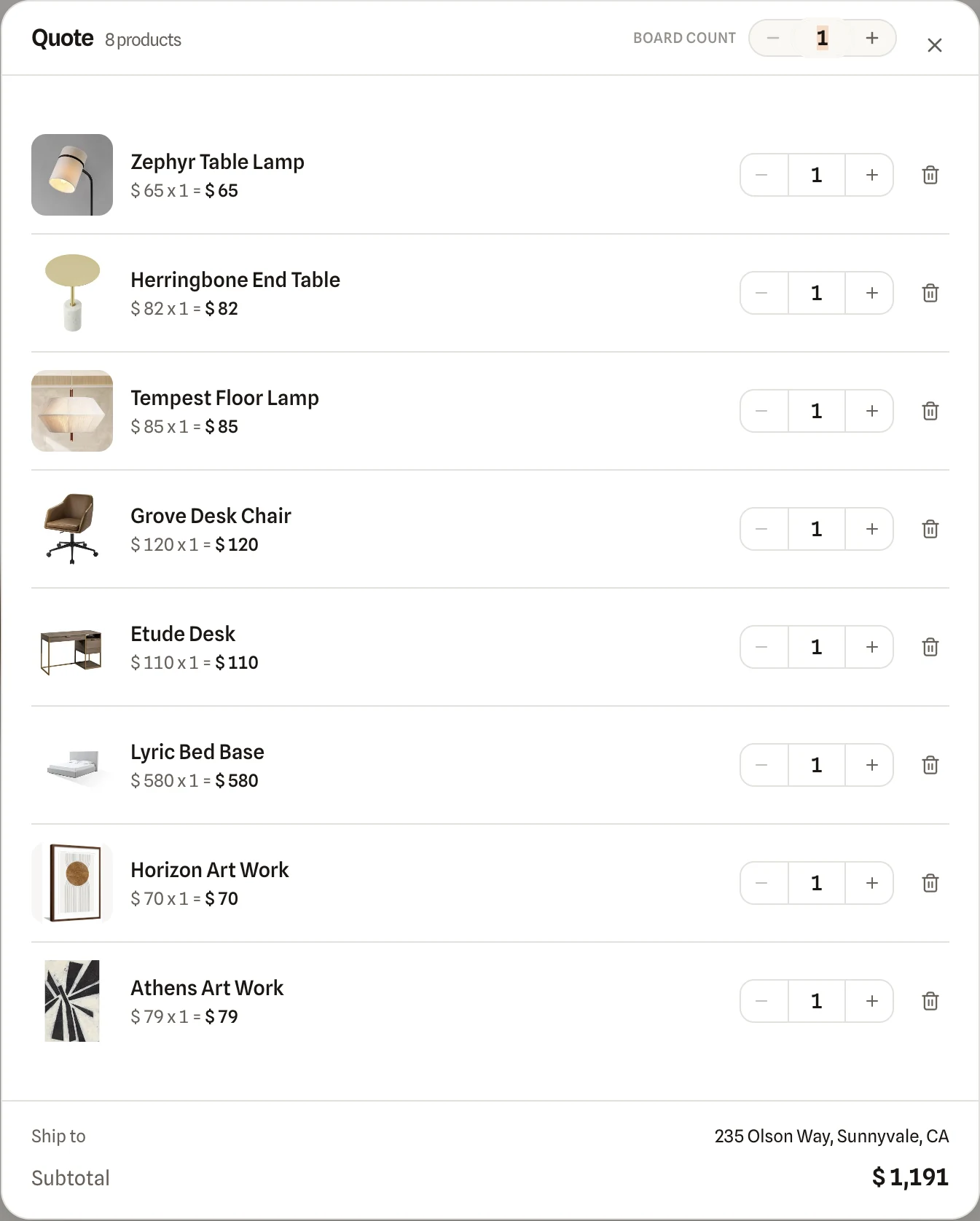 Quote for an FF&E board: eight products with unit price, quantity, board count, ship-to address and a $1,191 subtotal