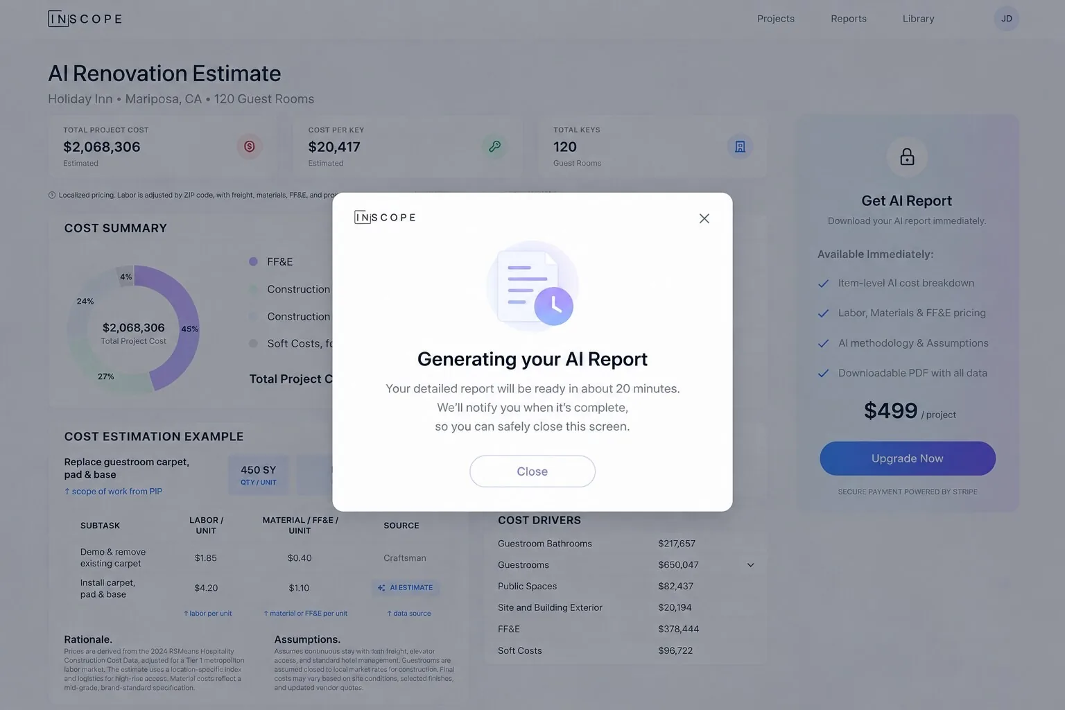 Reports build in the background, with a time estimate and a notification.